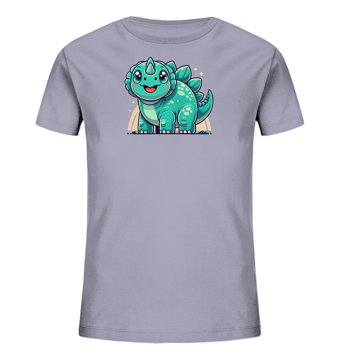 Onlineshop Shirts fuer Kinder - Das Bild zeigt ein hellgraues Kinder-T-Shirt mit einem niedlichen Cartoon-Dinosaurier-Motiv auf der Vorderseite. Der gruene Dinosaurier, der wie ein Stegosaurus aussieht, steht laechelnd vor einem stilisierten Regenbogen. Kleine glitzernde Sterne umgeben ihn. Das froehliche Design ist ideal fuer kleine Dino-Fans.