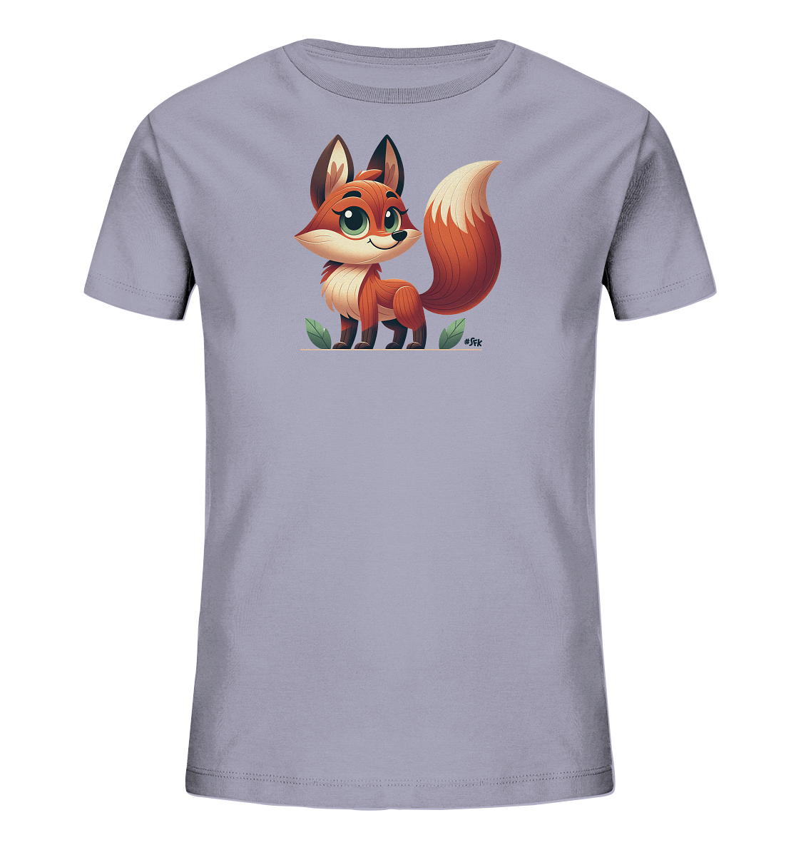 Onlineshop Shirts fuer Kinder - Das Bild zeigt ein hellgraues Kinder-T-Shirt mit einem niedlichen Cartoon-Motiv eines Fuchses auf der Vorderseite. Der Fuchs ist braun-orange und weiss, hat grosse gruene Augen und ein freundliches Laecheln. Er steht auf einer stilisierten Flaeche, umgeben von gruenen Blaettern. Das Design ist farbenfroh und ansprechend fuer Kinder.