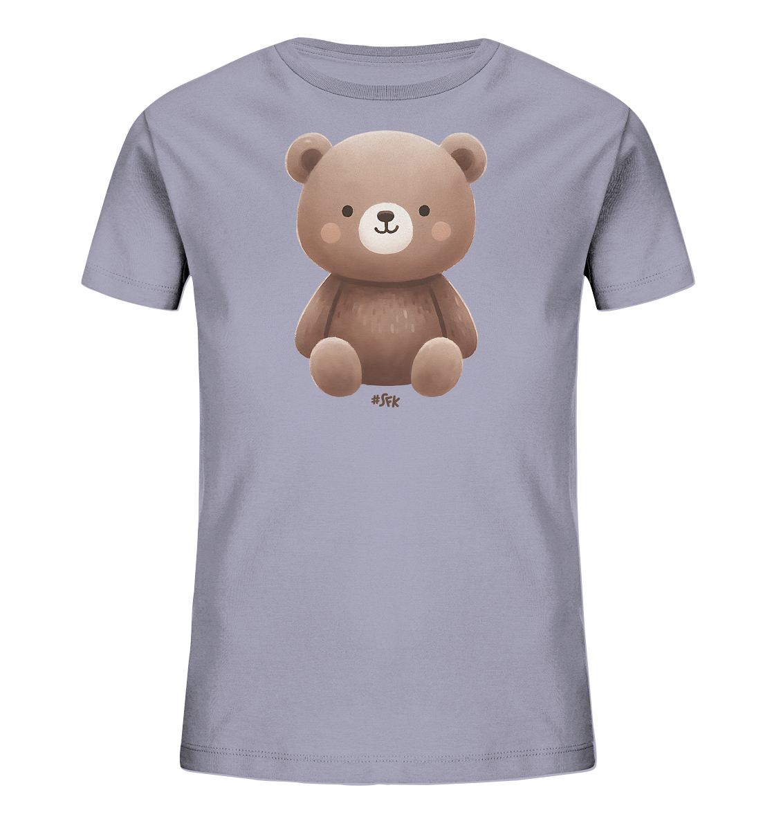 Onlineshop Shirts fuer Kinder - Das Bild zeigt ein helllila Kinder T-Shirt mit einer grossen Illustration eines Teddybaeren auf der Vorderseite. Der Baer ist braun und sitzt aufrecht, mit einem freundlichen und niedlichen Ausdruck. Dieses Design verleiht dem Shirt einen warmen und verspielten Look, ideal fuer kleine Traeger.