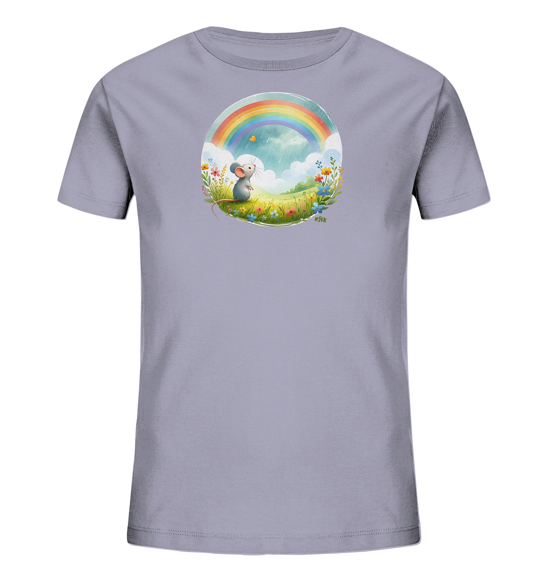 Onlineshop Shirts fuer Kinder - Das Bild zeigt ein hellviolettes T-Shirt mit einer Illustration. Zu sehen ist eine kleine Maus auf einer Blumenwiese unter einem Regenbogen. Über der Wiese haengen Regenwolken, waehrend ein Schmetterling fliegt. Das Motiv ist farbenfroh und verspielt.