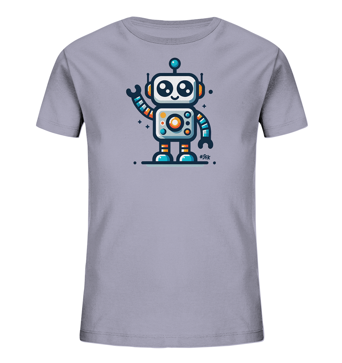 Onlineshop Shirts fuer Kinder - Das Bild zeigt ein hellgraues T-Shirt fuer Kinder mit einer niedlichen Illustration eines freundlichen Roboters. Der Roboter hat grosse Augen, bunte Streifen an Armen und Beinen sowie farbige Details am Koerper. Er winkt froehlich mit einem Arm und steht auf einer angedeuteten Flaeche. Das Design ist modern und verspielt gestaltet.