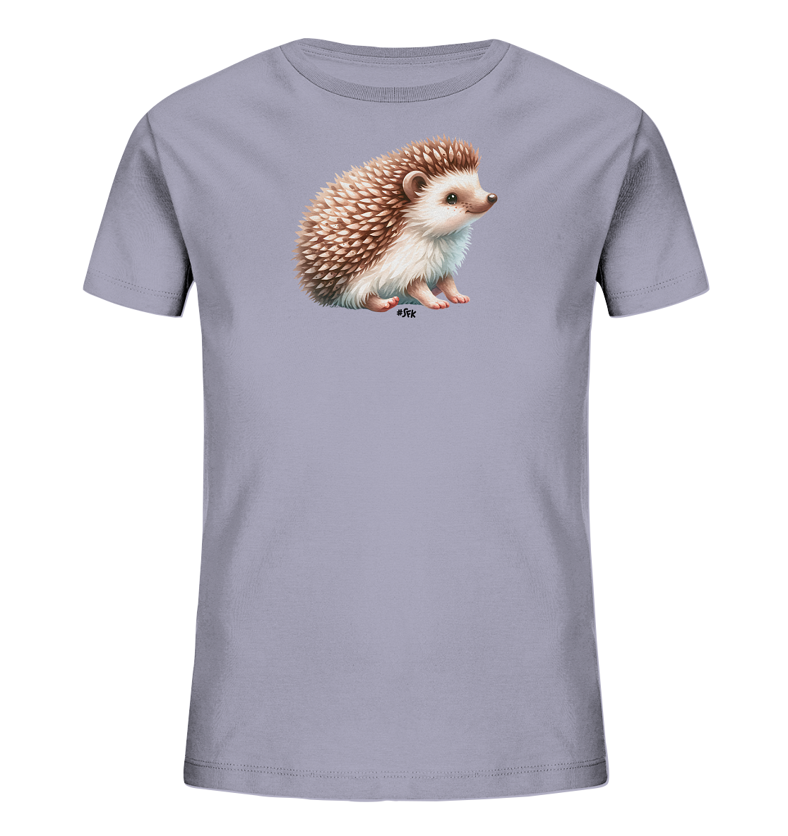 Onlineshop Shirts fuer Kinder - Das Bild zeigt ein graues T-Shirt fuer Kinder mit einer detaillierten Illustration eines Igels auf der Vorderseite. Der Igel ist braun und weiss dargestellt, sitzt aufrecht und blickt zur Seite. Die Grafik ist realistisch gehalten und verleiht dem Shirt ein naturnahes Design. Das Shirt hat einen runden Halsausschnitt und kurze Ärmel.