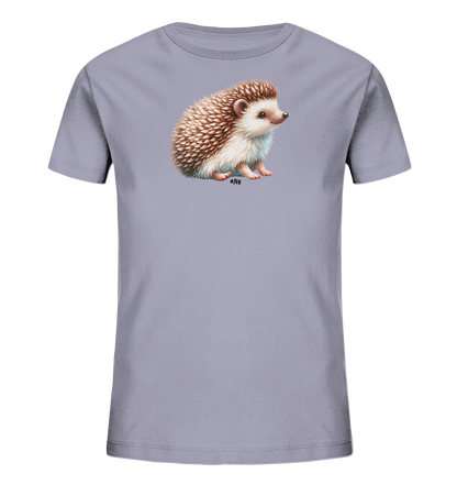 Onlineshop Shirts fuer Kinder - Das Bild zeigt ein graues T-Shirt fuer Kinder mit einer detaillierten Illustration eines Igels auf der Vorderseite. Der Igel ist braun und weiss dargestellt, sitzt aufrecht und blickt zur Seite. Die Grafik ist realistisch gehalten und verleiht dem Shirt ein naturnahes Design. Das Shirt hat einen runden Halsausschnitt und kurze Ärmel.