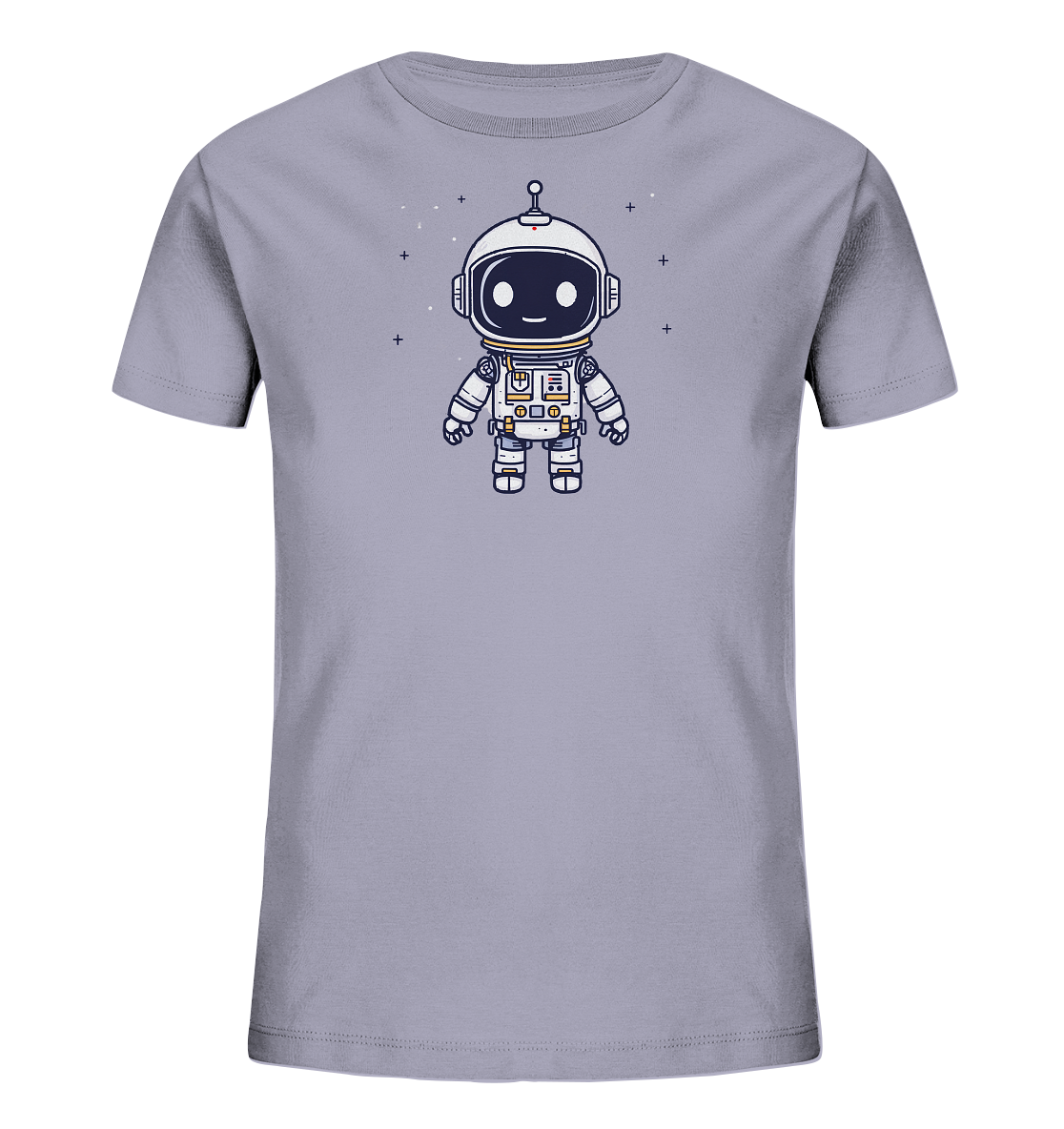 Onlineshop Shirts für Kinder - Das Bild zeigt ein hellgraues T-Shirt für Kinder mit einem farbigen Aufdruck auf der Vorderseite. Der Aufdruck stellt einen niedlichen Cartoon-Roboter im Astronautenanzug dar. Der Roboter hat große, dunkle Augen hinter einem Helmvisier und einen freundlichen Ausdruck. Rund um die Figur sind kleine Sterne und Kreuze als Weltraumelemente zu sehen, was dem Design einen verspielten Charakter verleiht.