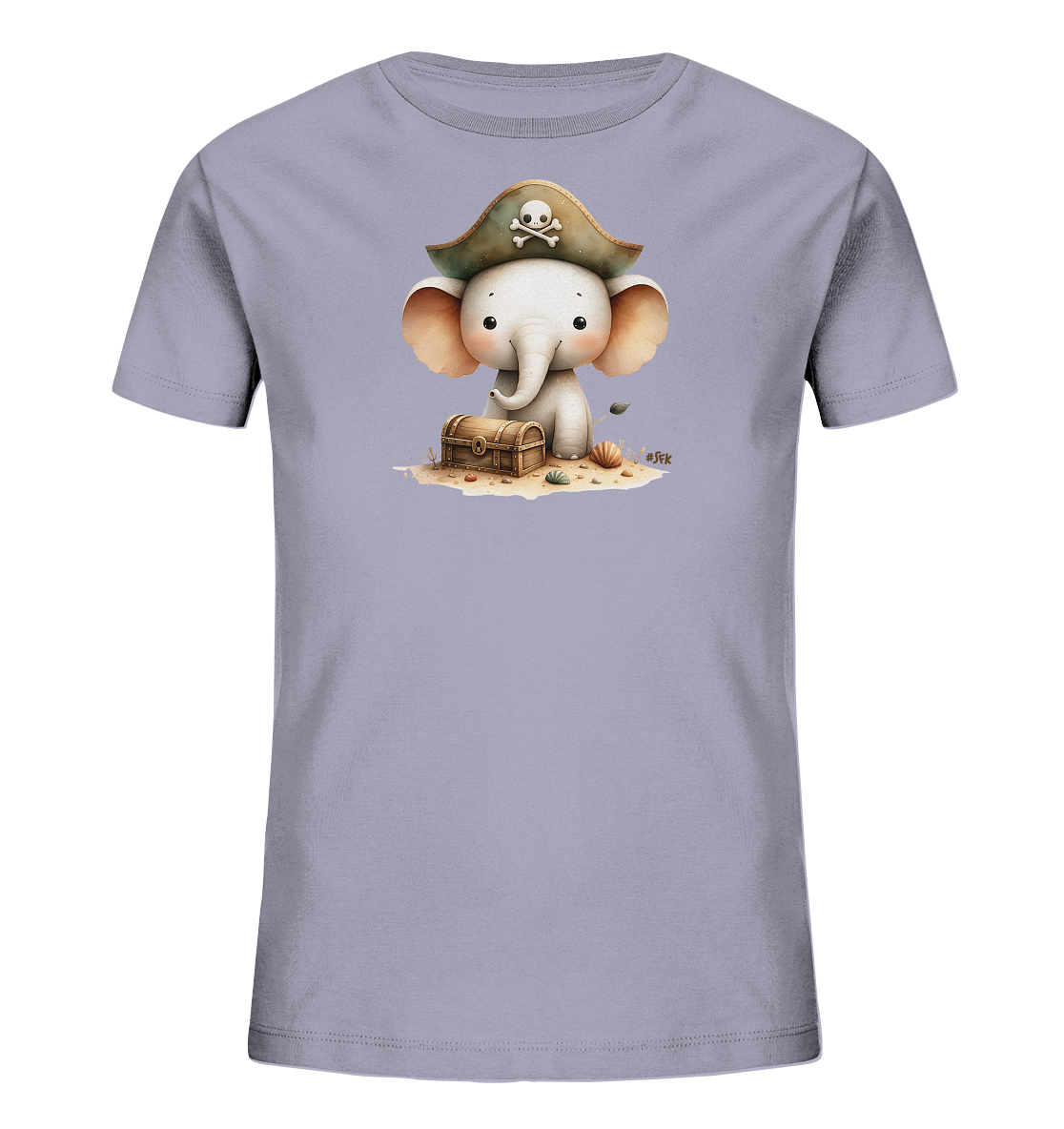 Onlineshop Shirts fuer Kinder - Das Bild zeigt ein hellviolettes Kinder-T-Shirt. Darauf ist eine niedliche Grafik eines Baby-Elefanten abgebildet, der einen Piratenhut traegt. Der Elefant sitzt auf Sand neben einer kleinen Schatztruhe und einigen Muscheln. Das Motiv hat einen verspielten Look im Aquarell-Stil.