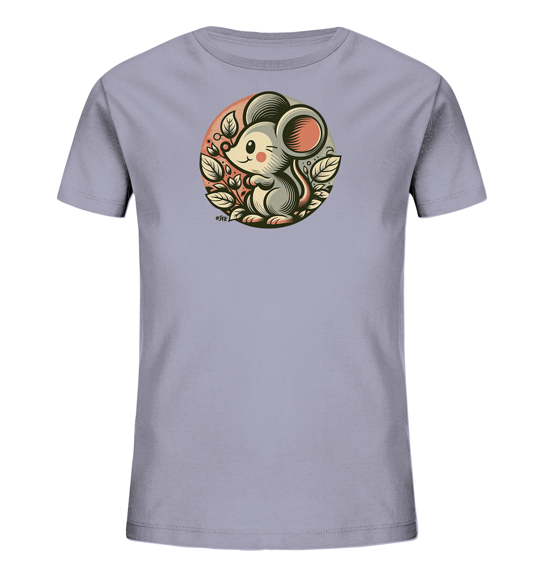 Onlineshop Shirts fuer Kinder - Das Bild zeigt ein Kinder-T-Shirt in einem hellen Lilaton. Auf der Vorderseite ist eine niedliche, grauhaarige Maus mit grossen rosa Ohren abgebildet. Die Maus sitzt in einem Kreis, der von Blaettern und Zweigen umgeben ist. Der Hintergrund des Kreises hat einen Farbverlauf, was der Illustration Tiefe verleiht.