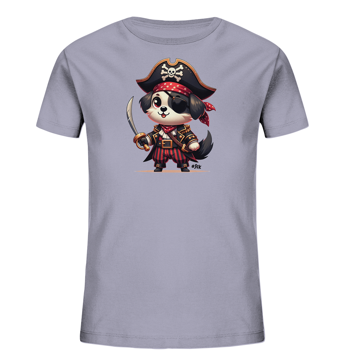 Kinder T-Shirt mit Cartoon-Piratenhund, Augenklappe, Hut und Säbel