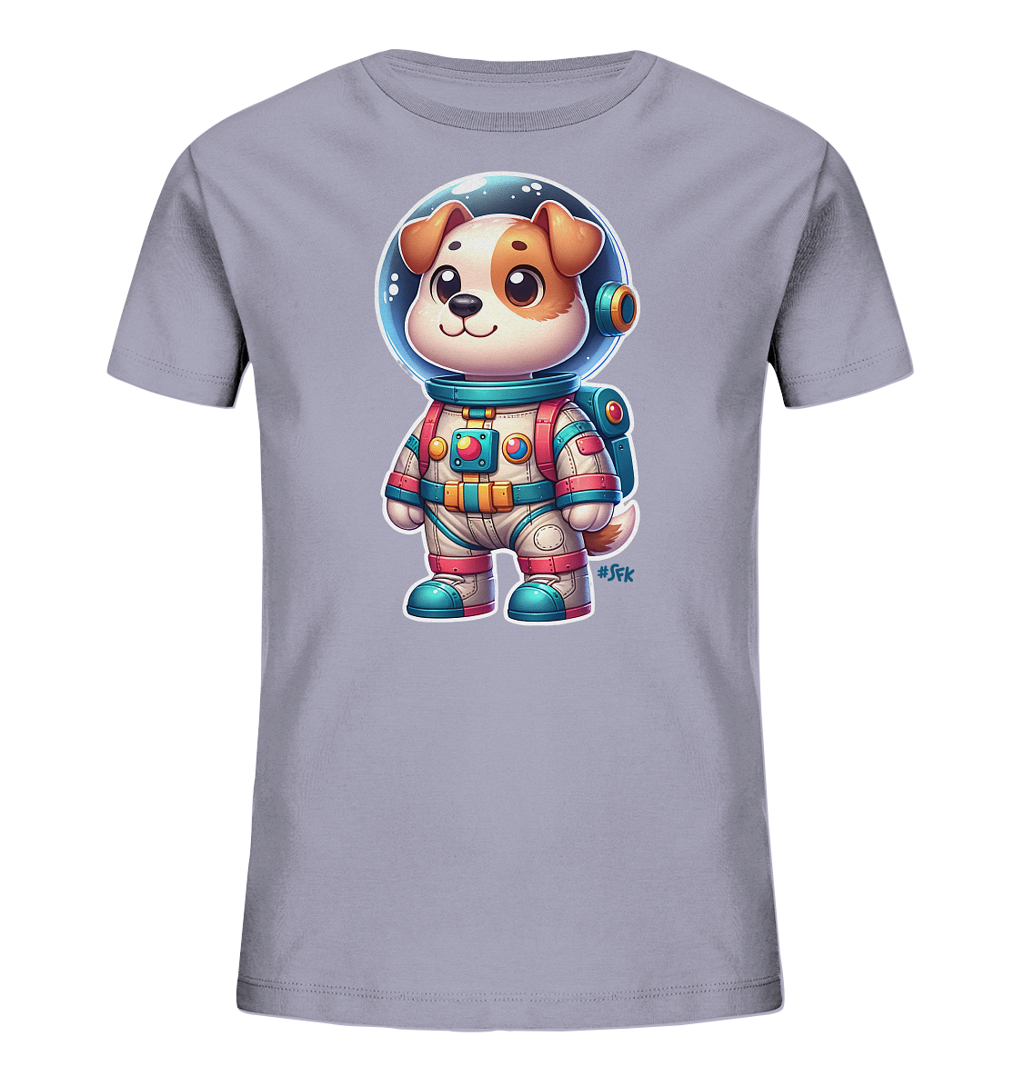Onlineshop Shirts fuer Kinder - Das Bild zeigt ein hellgraues T-Shirt fuer Kinder mit einem niedlichen Aufdruck auf der Vorderseite. Die Grafik stellt einen freundlichen Cartoon-Hund in einem detaillierten Astronautenanzug dar, der einen Helm traegt und laechelt. Der Anzug ist in den Farben Weiss, Rot, Blau und Gelb gehalten und wirkt sehr farbenfroh. Dieses Design verleiht dem Shirt einen verspielten und abenteuerlichen Look.