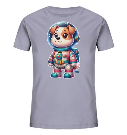 Onlineshop Shirts fuer Kinder - Das Bild zeigt ein hellgraues T-Shirt fuer Kinder mit einem niedlichen Aufdruck auf der Vorderseite. Die Grafik stellt einen freundlichen Cartoon-Hund in einem detaillierten Astronautenanzug dar, der einen Helm traegt und laechelt. Der Anzug ist in den Farben Weiss, Rot, Blau und Gelb gehalten und wirkt sehr farbenfroh. Dieses Design verleiht dem Shirt einen verspielten und abenteuerlichen Look.