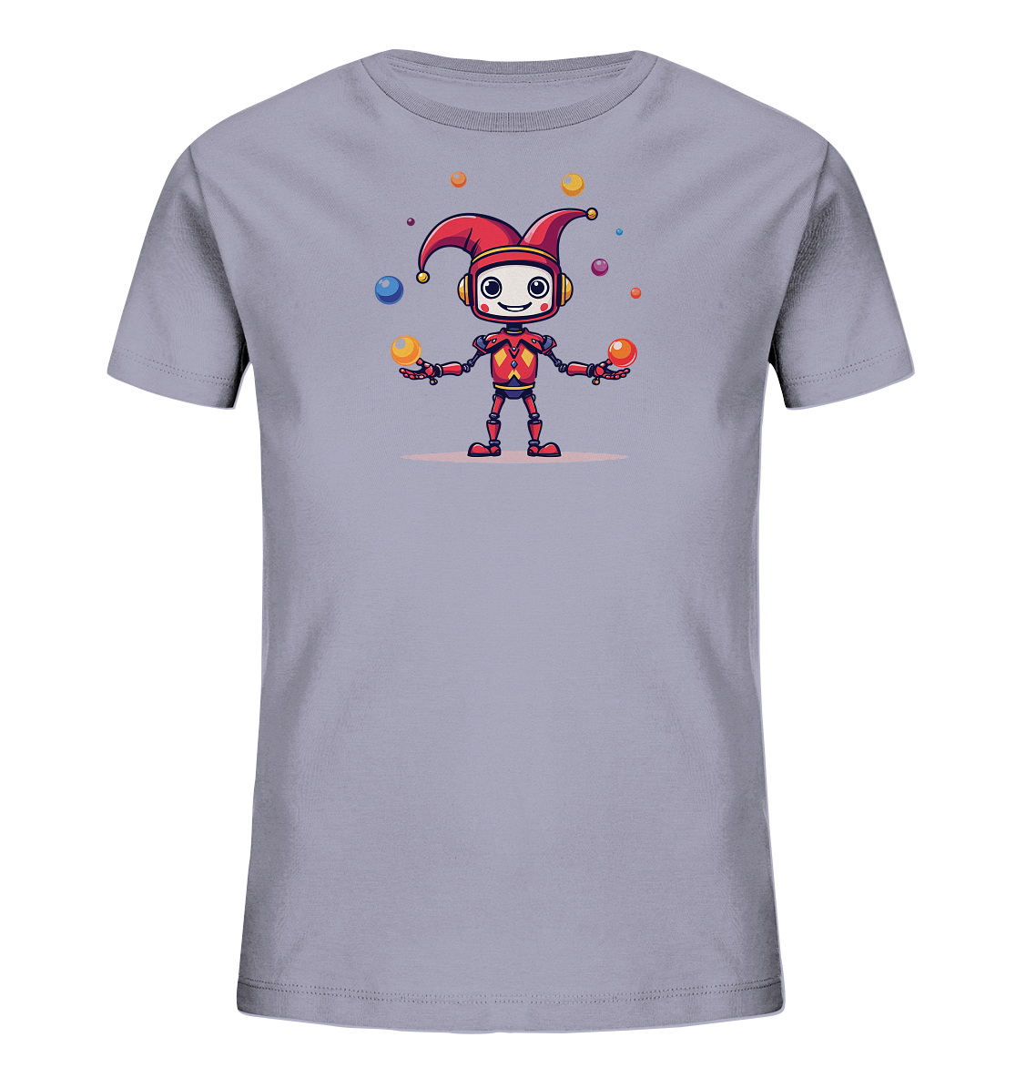 Onlineshop Shirts für Kinder - Das Bild zeigt ein hellgraues Kinder T-Shirt mit einem farbigen Aufdruck auf der Vorderseite. Der Aufdruck zeigt einen Cartoon-Roboter, der als Hofnarr verkleidet ist. Der Roboter trägt eine rote Narrenkappe mit gelben Glocken und jongliert mit mehreren bunten Kugeln in verschiedenen Farben wie Blau, Gelb, Orange und Pink. Das Design ist fröhlich und verspielt und zeigt den lächelnden Roboter in einer dynamischen Pose, umgeben von den fliegenden Bällen.