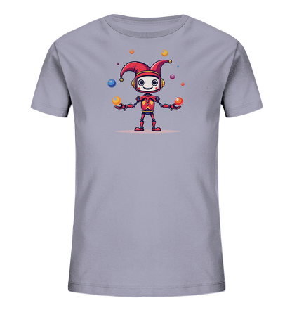 Onlineshop Shirts für Kinder - Das Bild zeigt ein hellgraues Kinder T-Shirt mit einem farbigen Aufdruck auf der Vorderseite. Der Aufdruck zeigt einen Cartoon-Roboter, der als Hofnarr verkleidet ist. Der Roboter trägt eine rote Narrenkappe mit gelben Glocken und jongliert mit mehreren bunten Kugeln in verschiedenen Farben wie Blau, Gelb, Orange und Pink. Das Design ist fröhlich und verspielt und zeigt den lächelnden Roboter in einer dynamischen Pose, umgeben von den fliegenden Bällen.