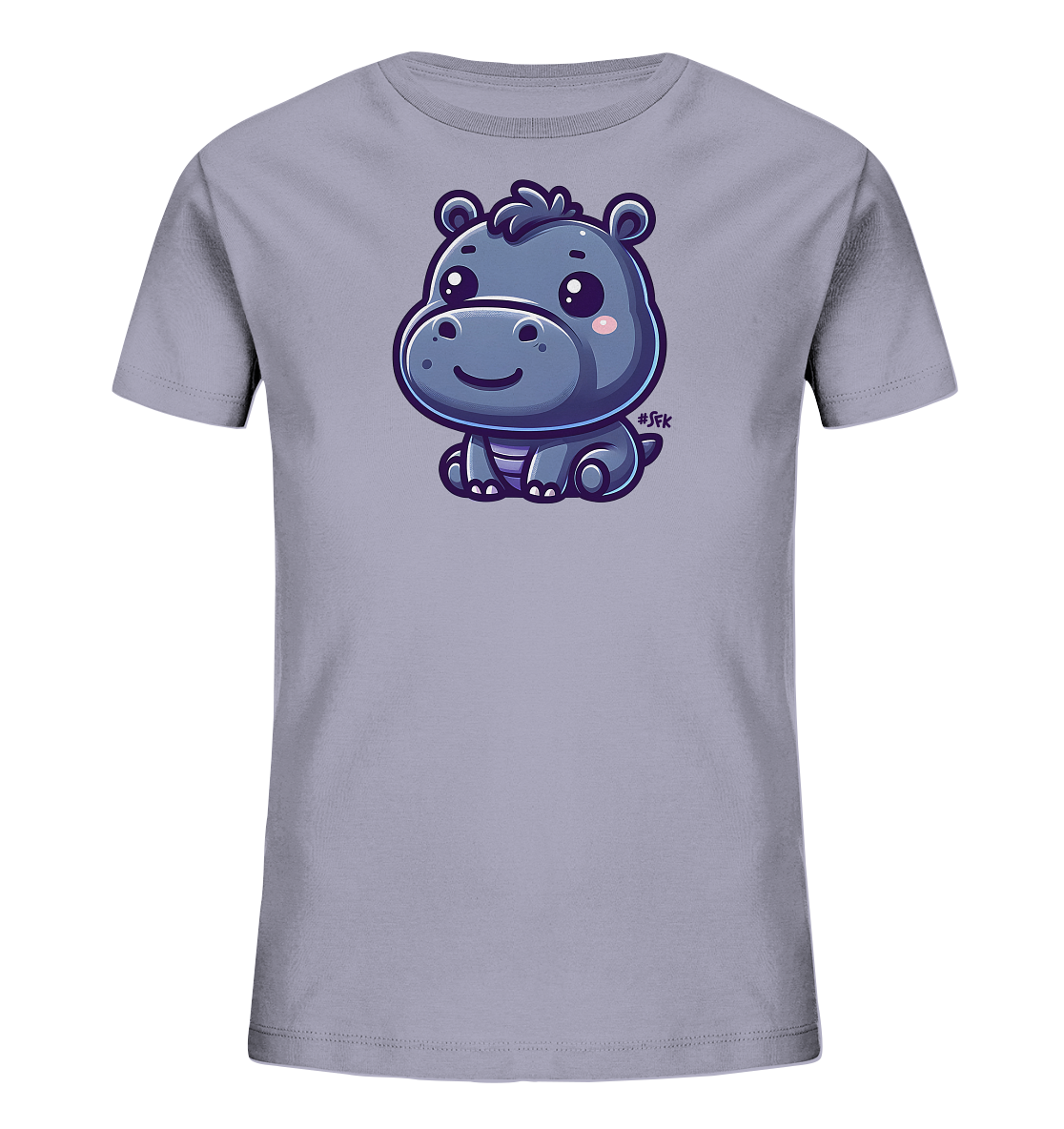 Onlineshop Shirts fuer Kinder - Das Bild zeigt ein hellgraues Kinder-T-Shirt. Auf der Vorderseite befindet sich eine niedliche Cartoon-Grafik eines sitzenden Nilpferds. Das Nilpferd ist in blaugrauen Toenen mit rosa Wangen und einem freundlichen Laecheln dargestellt. Das Design hat einen verspielten und ansprechenden Charakter fuer Kinder.