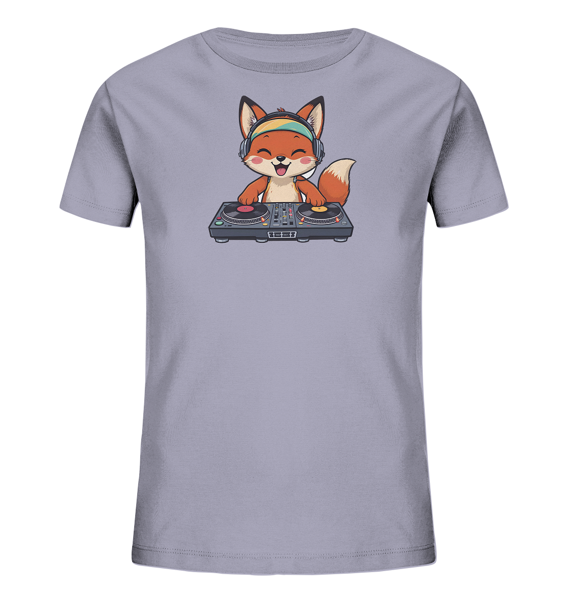 Onlineshop Shirts fuer Kinder - Das Bild zeigt ein hellgraues Kinder-T-Shirt mit einem niedlichen Fuchs-Motiv auf der Vorderseite. Der cartoonhafte Fuchs traegt Kopfhoerer und steht laechelnd an einem DJ-Mischpult mit zwei Plattenspielern. Das Design wirkt froehlich und verspielt, ideal fuer musikalische Kinder.