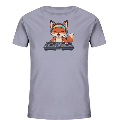 Onlineshop Shirts fuer Kinder - Das Bild zeigt ein hellgraues Kinder-T-Shirt mit einem niedlichen Fuchs-Motiv auf der Vorderseite. Der cartoonhafte Fuchs traegt Kopfhoerer und steht laechelnd an einem DJ-Mischpult mit zwei Plattenspielern. Das Design wirkt froehlich und verspielt, ideal fuer musikalische Kinder.