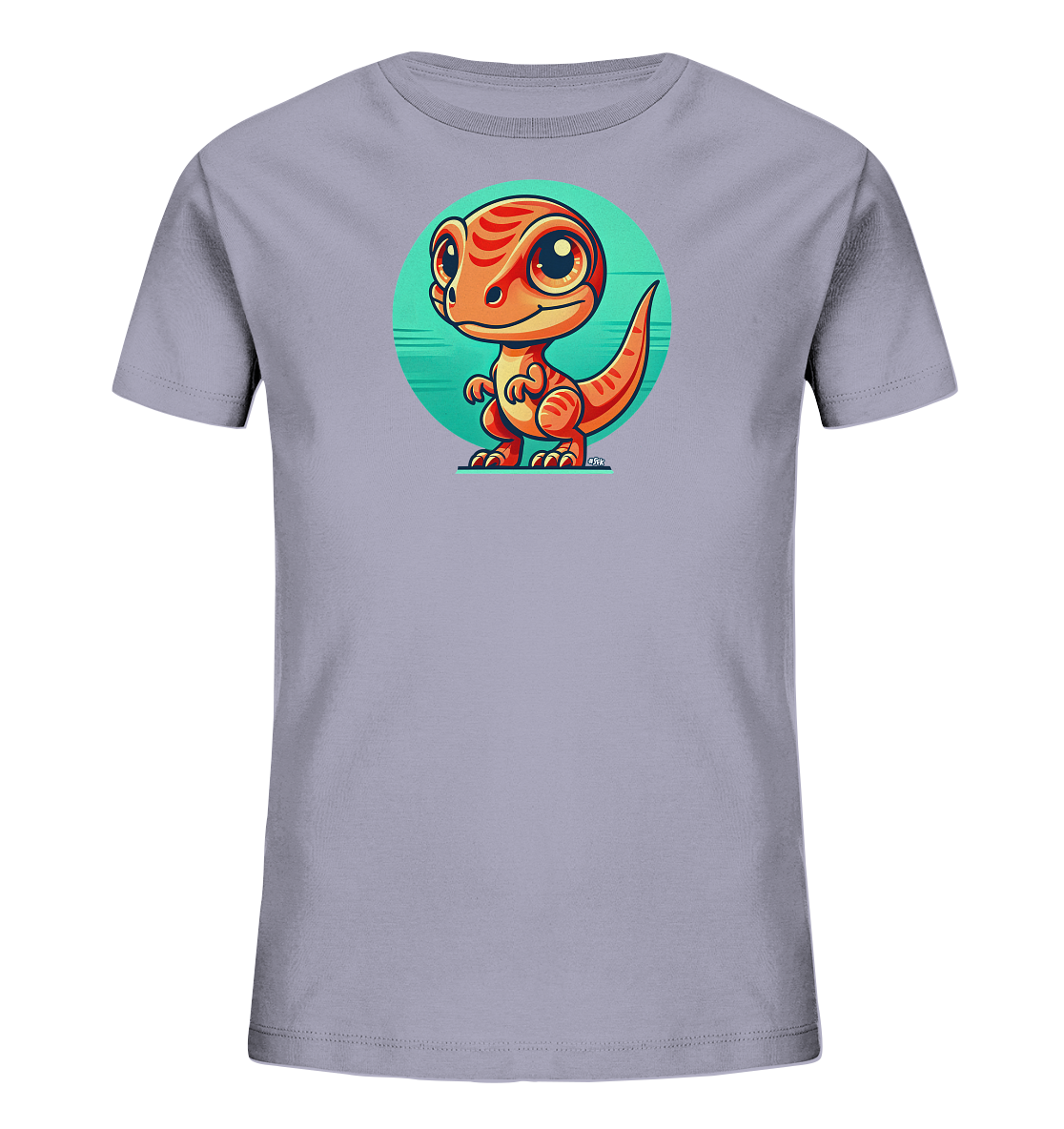 Onlineshop Shirts fuer Kinder - Das Bild zeigt ein T-Shirt in hellem Grau mit einem niedlichen Druck. Der Druck stellt einen orangefarbenen Cartoon-Dinosaurier dar, der vor einem tuerkisfarbenen Kreis steht. Der Dino hat grosse Augen und sieht freundlich aus, was dem Shirt einen verspielten Look verleiht.