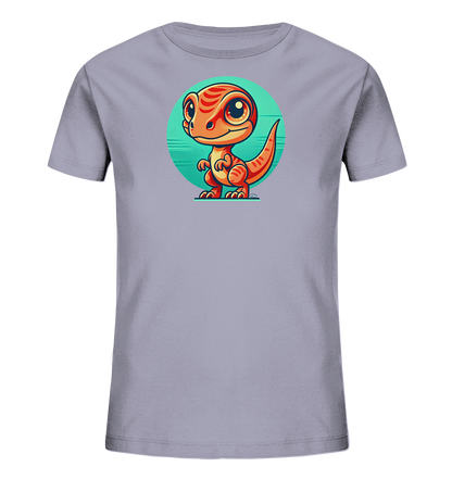 Onlineshop Shirts fuer Kinder - Das Bild zeigt ein T-Shirt in hellem Grau mit einem niedlichen Druck. Der Druck stellt einen orangefarbenen Cartoon-Dinosaurier dar, der vor einem tuerkisfarbenen Kreis steht. Der Dino hat grosse Augen und sieht freundlich aus, was dem Shirt einen verspielten Look verleiht.