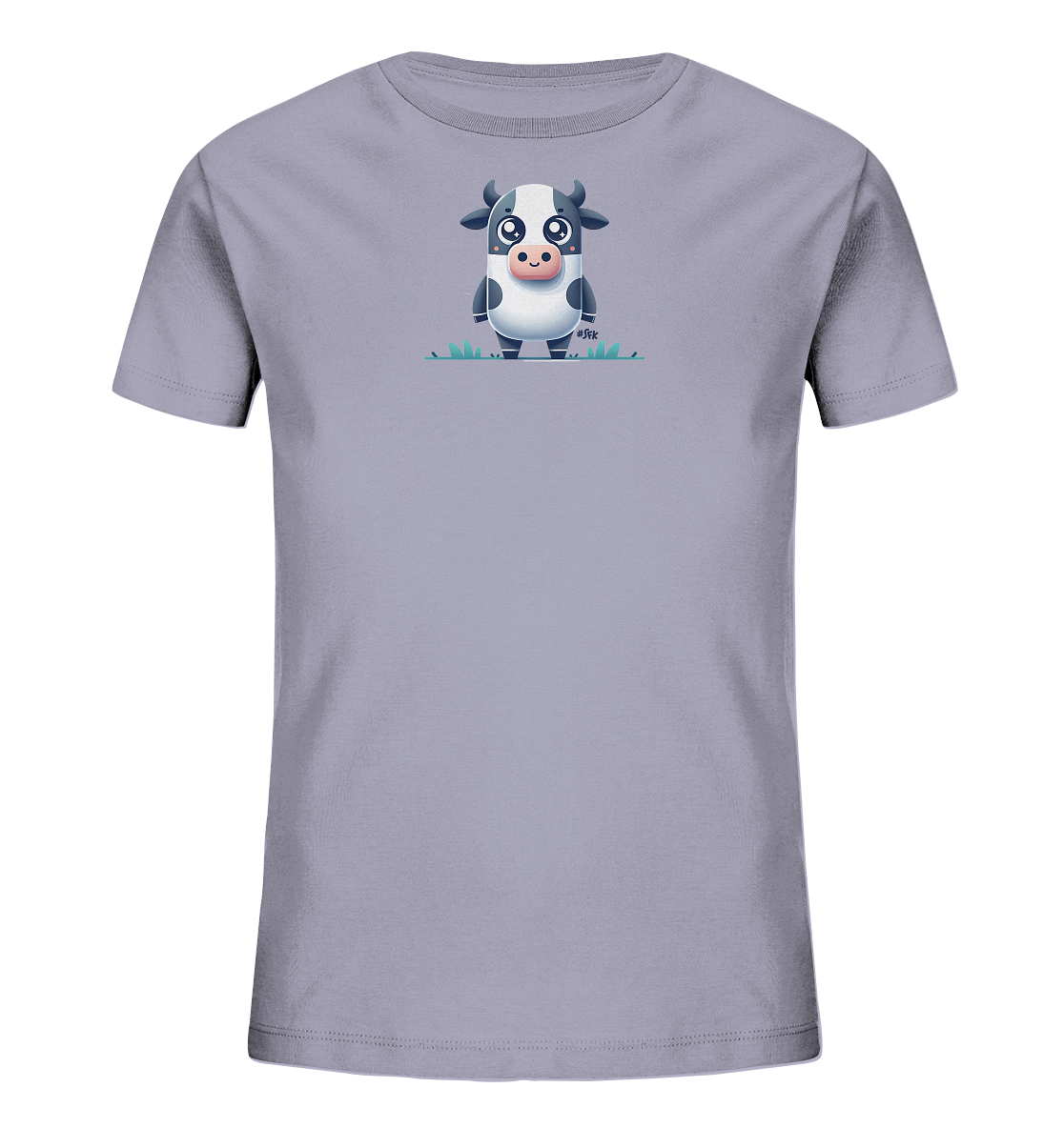Onlineshop Shirts fuer Kinder - Das Bild zeigt ein Kinder T-Shirt in einem hellen Grau-Ton. Auf der Vorderseite ist eine niedliche Cartoon-Kuh mit schwarz-weissen Flecken abgebildet. Die Kuh hat grosse, ausdrucksstarke Augen und steht auf einer stilisierten gruenen Wiese. Das Design ist verspielt und freundlich gestaltet.