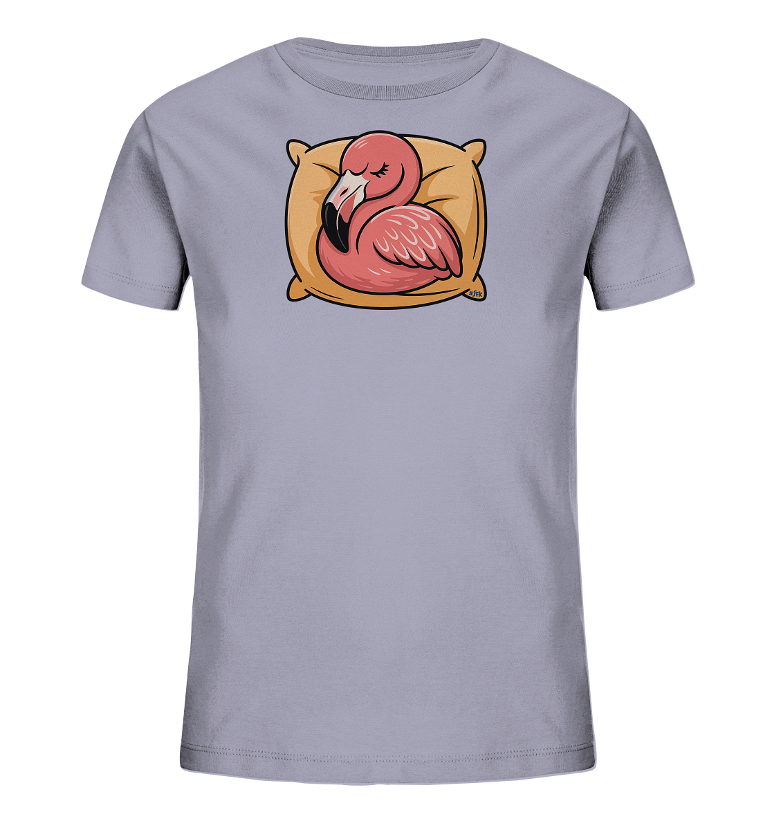 Onlineshop Shirts fuer Kinder - Das Bild zeigt ein hellgraues Kinder-T-Shirt mit einem zentralen Druck. Dieser zeigt einen schlafenden, rosafarbenen Flamingo mit geschlossenem Auge, der auf einem hellbraunen Kissen liegt. Die Illustration ist cartoonhaft und verleiht dem Shirt eine beruhigende und niedliche Ausstrahlung.