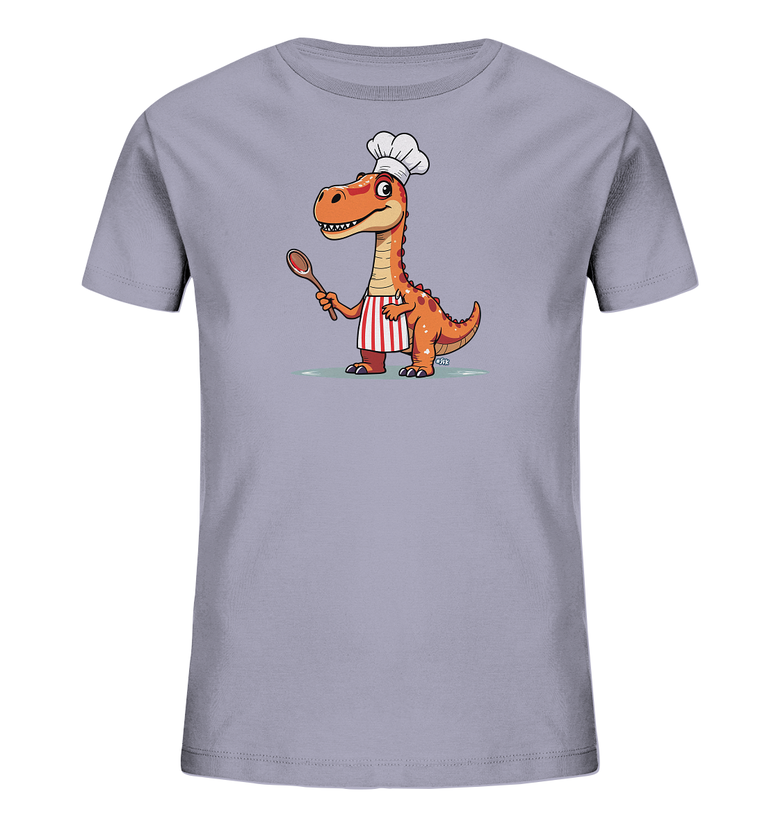 Onlineshop Shirts fuer Kinder - Das Bild zeigt ein graues Kinder-T-Shirt mit einem lustigen Druck eines Dinosauriers. Der orangefarbene Dinosaurier traegt eine Kochmuetze und eine rot-weiss gestreifte Schuerze. Er haelt einen Holzloeffel in der Hand und hat einen freundlichen Ausdruck. Das Design ist verspielt und farbenfroh, perfekt fuer kleine Dino-Fans.