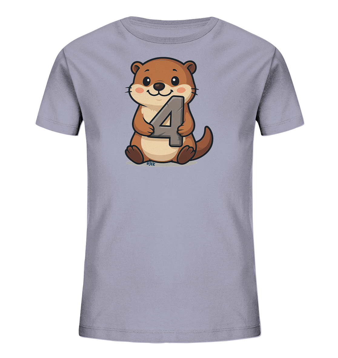 Onlineshop Shirts fuer Kinder - Das Bild zeigt ein Kinder-T-Shirt in hellem Grau. Auf der Vorderseite ist ein brauner Cartoon-Otter abgebildet. Der niedliche Otter haelt die Zahl "4" in seinen Pfoten. Ein charmantes Motiv fuer junge Otter-Fans.