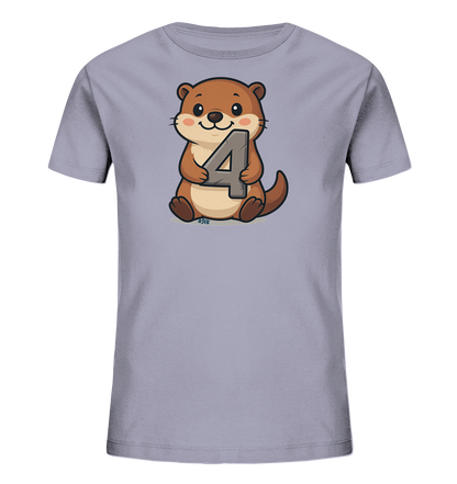 Onlineshop Shirts fuer Kinder - Das Bild zeigt ein Kinder-T-Shirt in hellem Grau. Auf der Vorderseite ist ein brauner Cartoon-Otter abgebildet. Der niedliche Otter haelt die Zahl "4" in seinen Pfoten. Ein charmantes Motiv fuer junge Otter-Fans.