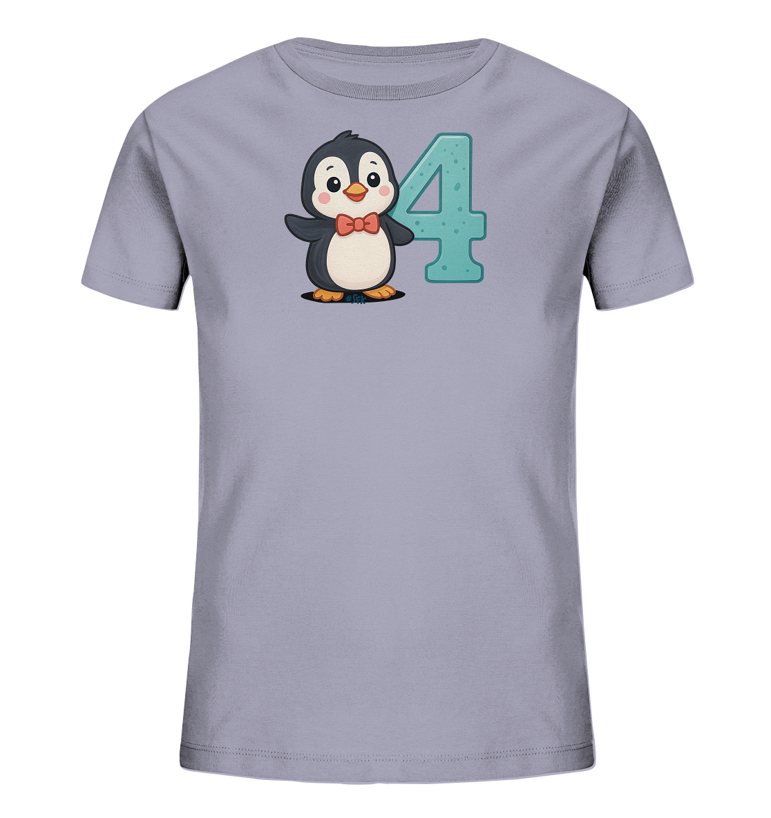 Onlineshop Shirts fuer Kinder - Das Bild zeigt ein hellgraues Kinder-T-Shirt mit einem niedlichen Motiv auf der Vorderseite. Darauf ist ein freundlicher Cartoon-Pinguin mit einer roten Fliege abgebildet. Der Pinguin steht neben einer grossen, hellblauen Zahl Vier, die eine leicht strukturierte Oberflaeche aufweist. Das Design ist verspielt und ansprechend.
