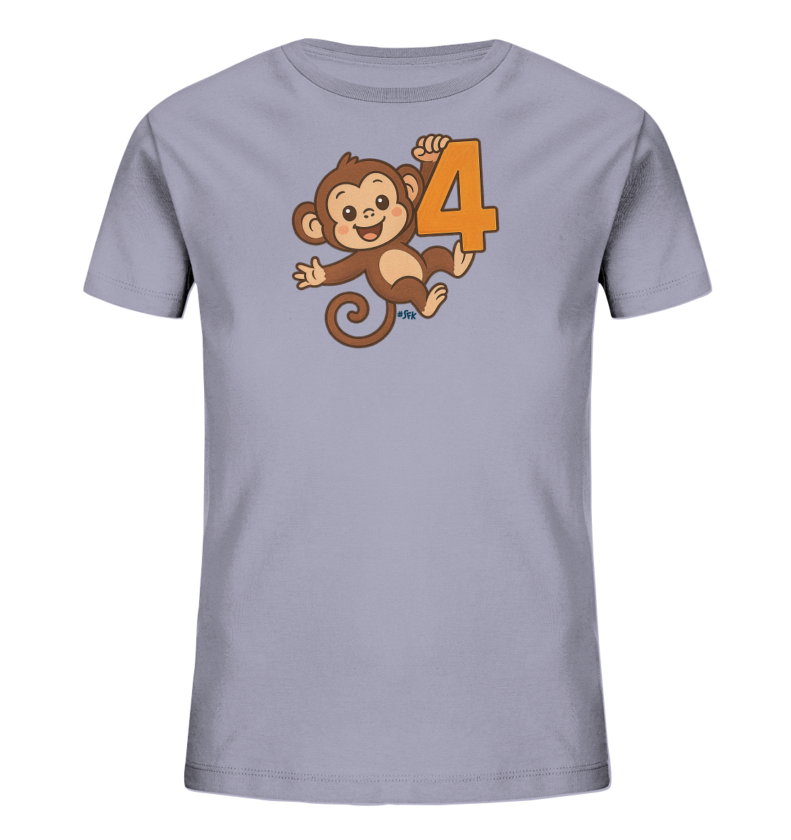 Onlineshop Shirts fuer Kinder - Das Bild zeigt ein hellgraues Kinder-T-Shirt mit einem niedlichen Aufdruck auf der Vorderseite. Der Aufdruck zeigt einen braunen Cartoon-Affen, der die grosse orangefarbene Zahl '4' haelt. Der Affe hat ein freundliches Laecheln und eine verspielte Pose, die das Design lebendig wirken laesst. Dieses Motiv ist froehlich und ansprechend gestaltet.