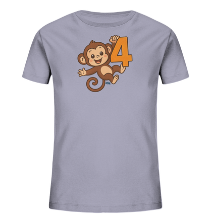 Onlineshop Shirts fuer Kinder - Das Bild zeigt ein hellgraues Kinder-T-Shirt mit einem niedlichen Aufdruck auf der Vorderseite. Der Aufdruck zeigt einen braunen Cartoon-Affen, der die grosse orangefarbene Zahl '4' haelt. Der Affe hat ein freundliches Laecheln und eine verspielte Pose, die das Design lebendig wirken laesst. Dieses Motiv ist froehlich und ansprechend gestaltet.