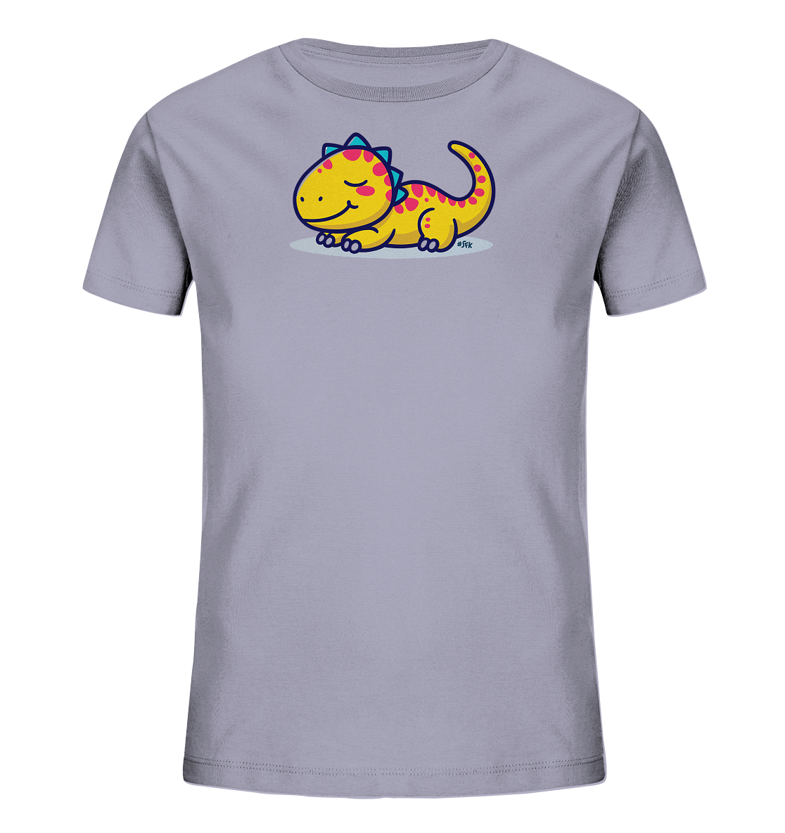 Onlineshop Shirts fuer Kinder - Das Bild zeigt ein hellgraues Kinder-T-Shirt mit einem niedlichen gelben Dinosaurier-Motiv auf der Vorderseite. Der freundliche Dino liegt entspannt da, hat rosa Wangen und blaue Zacken. Mit geschlossenen Augen und einem sanften Laecheln wirkt er schlaefrig oder traeumend. Das farbenfrohe Design ist verspielt und kindgerecht gestaltet.