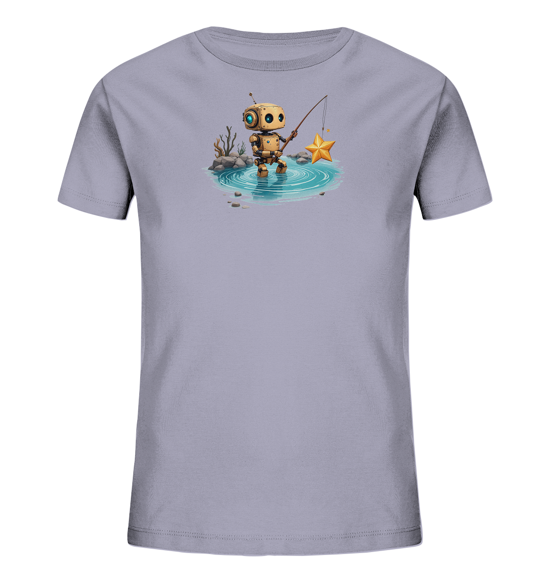 Onlineshop Shirts für Kinder - Das Bild zeigt ein Kinder-T-Shirt in einem sanften Lilaton. Darauf ist eine Illustration eines kleinen, goldenen Roboters abgebildet, der mit einer Angel in einem kleinen Wasserbecken steht. An der Angel hängt ein großer, goldener Stern, der im Wasser schwimmt, was den Eindruck erweckt, als würde der Roboter einen Stern fischen. Um das Wasser herum sind Steine und braune Pflanzen dargestellt. Das Design ist fantasievoll und verspielt gestaltet.
