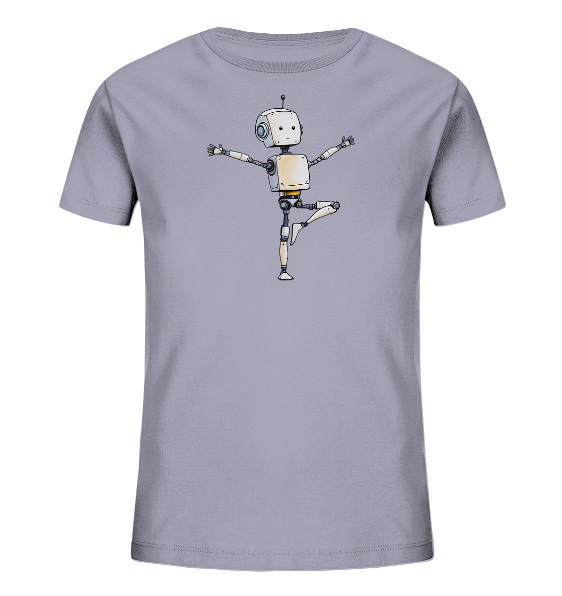 Onlineshop Shirts für Kinder - Das Bild zeigt ein Kinder-T-Shirt in einem hellen Grauton mit einer Grafik eines Roboters auf der Vorderseite. Der Roboter im Cartoon-Stil hat einen weißen Körper, graue Gliedmaßen und ein freundliches Gesicht mit großen Augen und einer Antenne. Er ist dargestellt, wie er auf einem Bein balanciert, die Arme seitlich ausgestreckt, in einer Pose, die an Tanzen oder Yoga erinnert. Kleine gelbe Akzente an Gelenken und Hüfte verleihen dem Design zusätzliche Details.