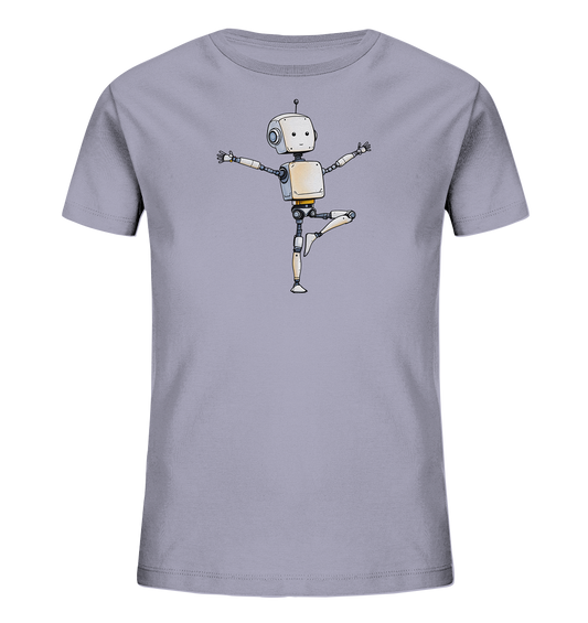 Onlineshop Shirts für Kinder - Das Bild zeigt ein Kinder-T-Shirt in einem hellen Grauton mit einer Grafik eines Roboters auf der Vorderseite. Der Roboter im Cartoon-Stil hat einen weißen Körper, graue Gliedmaßen und ein freundliches Gesicht mit großen Augen und einer Antenne. Er ist dargestellt, wie er auf einem Bein balanciert, die Arme seitlich ausgestreckt, in einer Pose, die an Tanzen oder Yoga erinnert. Kleine gelbe Akzente an Gelenken und Hüfte verleihen dem Design zusätzliche Details.