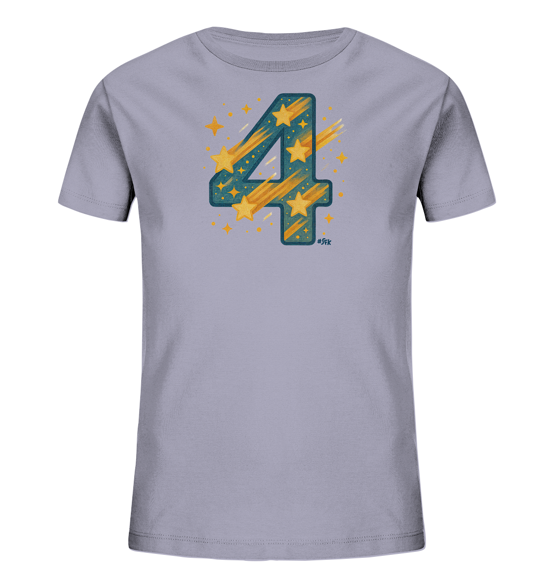 Onlineshop Shirts fuer Kinder - Das Bild zeigt ein hellgraues T-Shirt fuer Kinder. Auf der Vorderseite ist eine grosse, dekorative Zahl "4" abgebildet. Die Ziffer ist in Tuerkis/Blau und Gelb gehalten und mit gelben Sternen und Sternschnuppen gefuellt und umgeben. Dieses verspielte Design verleiht dem Shirt einen festlichen Charakter.