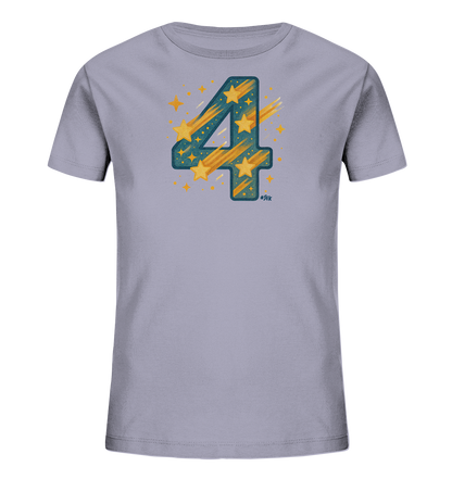 Onlineshop Shirts fuer Kinder - Das Bild zeigt ein hellgraues T-Shirt fuer Kinder. Auf der Vorderseite ist eine grosse, dekorative Zahl "4" abgebildet. Die Ziffer ist in Tuerkis/Blau und Gelb gehalten und mit gelben Sternen und Sternschnuppen gefuellt und umgeben. Dieses verspielte Design verleiht dem Shirt einen festlichen Charakter.