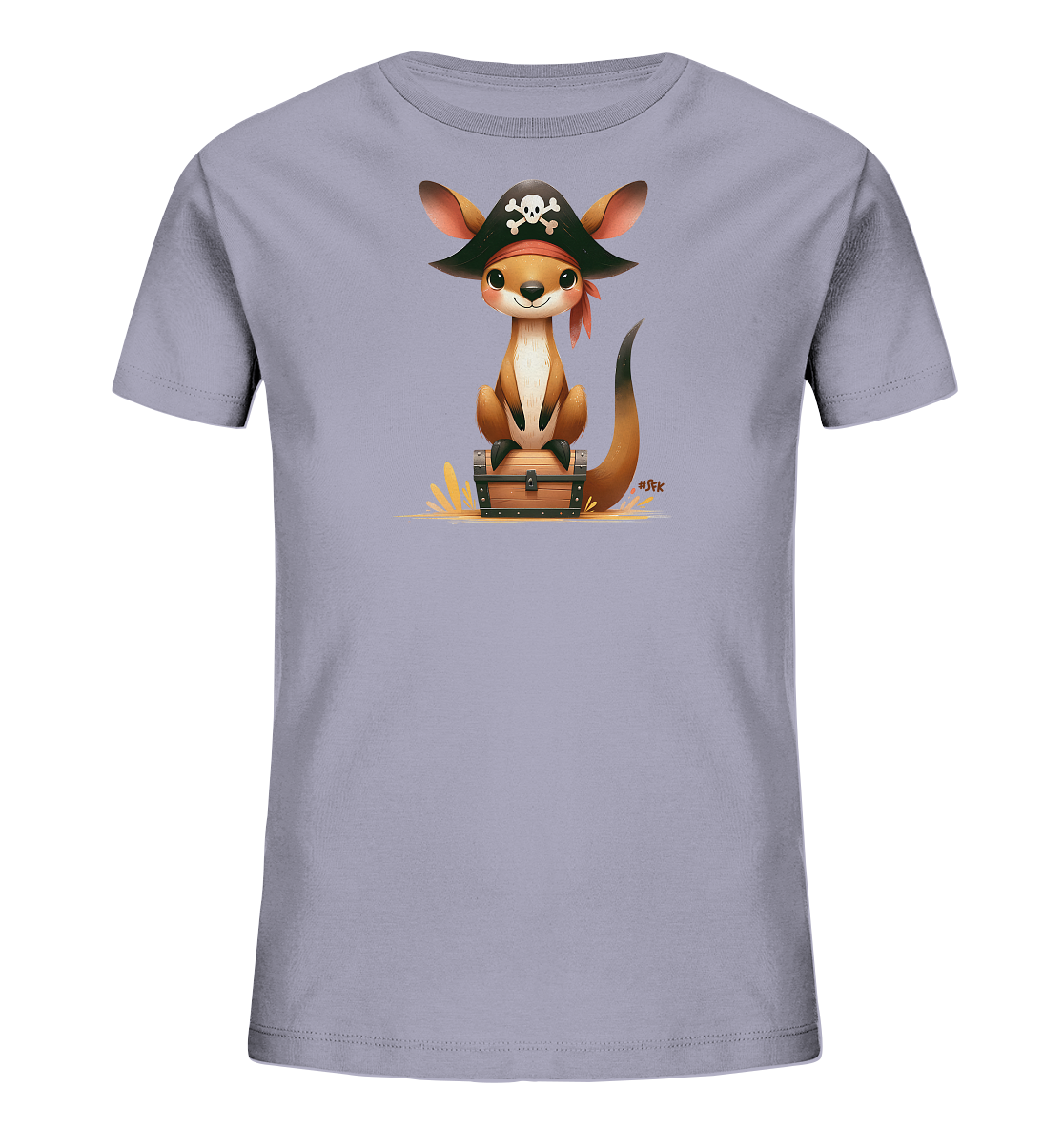 Onlineshop Shirts fuer Kinder - Das Bild zeigt ein hellgraues Kinder-T-Shirt mit einem niedlichen Cartoon-Kaenguru als Motiv. Das Kaenguru traegt einen schwarzen Piratenhut mit Totenkopf und ein rotes Bandana. Es sitzt auf einer kleinen, geoeffneten Schatzkiste. Das Design wirkt verspielt und abenteuerlich.