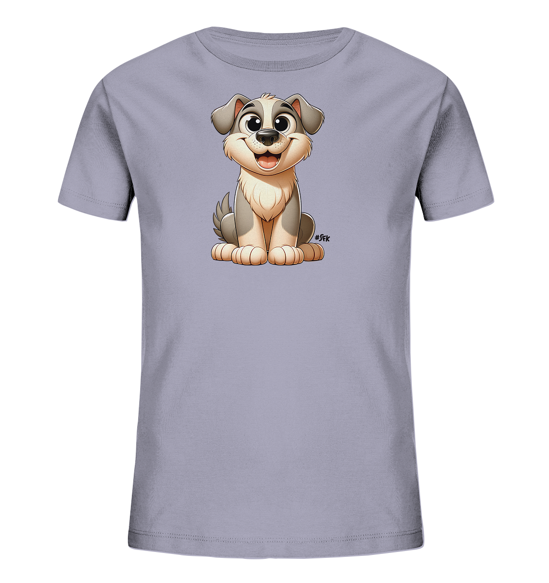 Onlineshop Shirts fuer Kinder - Das Bild zeigt ein hellgraues T-Shirt fuer Kinder mit einer zentralen Illustration eines sitzenden Hundes. Der cartoonhafte Hund hat ein freundliches Laecheln und grosse Augen. Sein Fell ist in Grau- und Beigetoenen dargestellt, was ihm ein weiches Aussehen verleiht. Das Design wirkt verspielt und ansprechend.