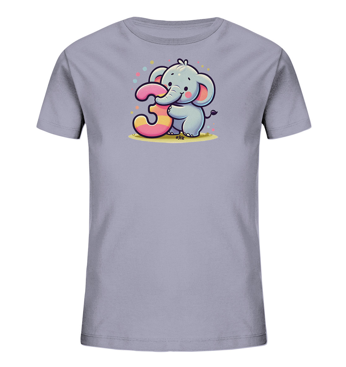 Onlineshop Shirts fuer Kinder - Hellgraues Kinder-T-Shirt mit suessem Elefanten und der Zahl 3. Das bunte Motiv ist von Punkten umgeben.