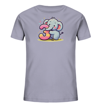 Onlineshop Shirts fuer Kinder - Hellgraues Kinder-T-Shirt mit suessem Elefanten und der Zahl 3. Das bunte Motiv ist von Punkten umgeben.