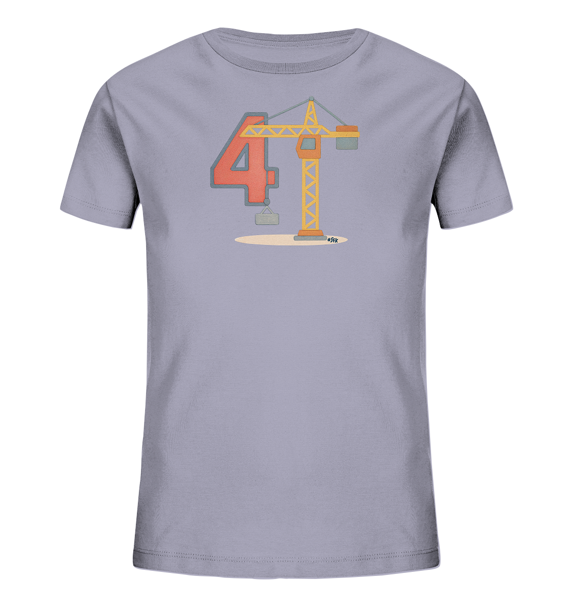 Onlineshop Shirts fuer Kinder - Das Bild zeigt ein hellgraues Kinder-T-Shirt mit einer farbenfrohen Grafik. Die Grafik stellt die grosse rote Zahl '4' neben einem gelben Bau-Kran dar. Der Kran scheint einen grauen Block anzuheben, der auf die Zahl ausgerichtet ist. Das Motiv ist verspielt und baustellen-thematisch gestaltet.