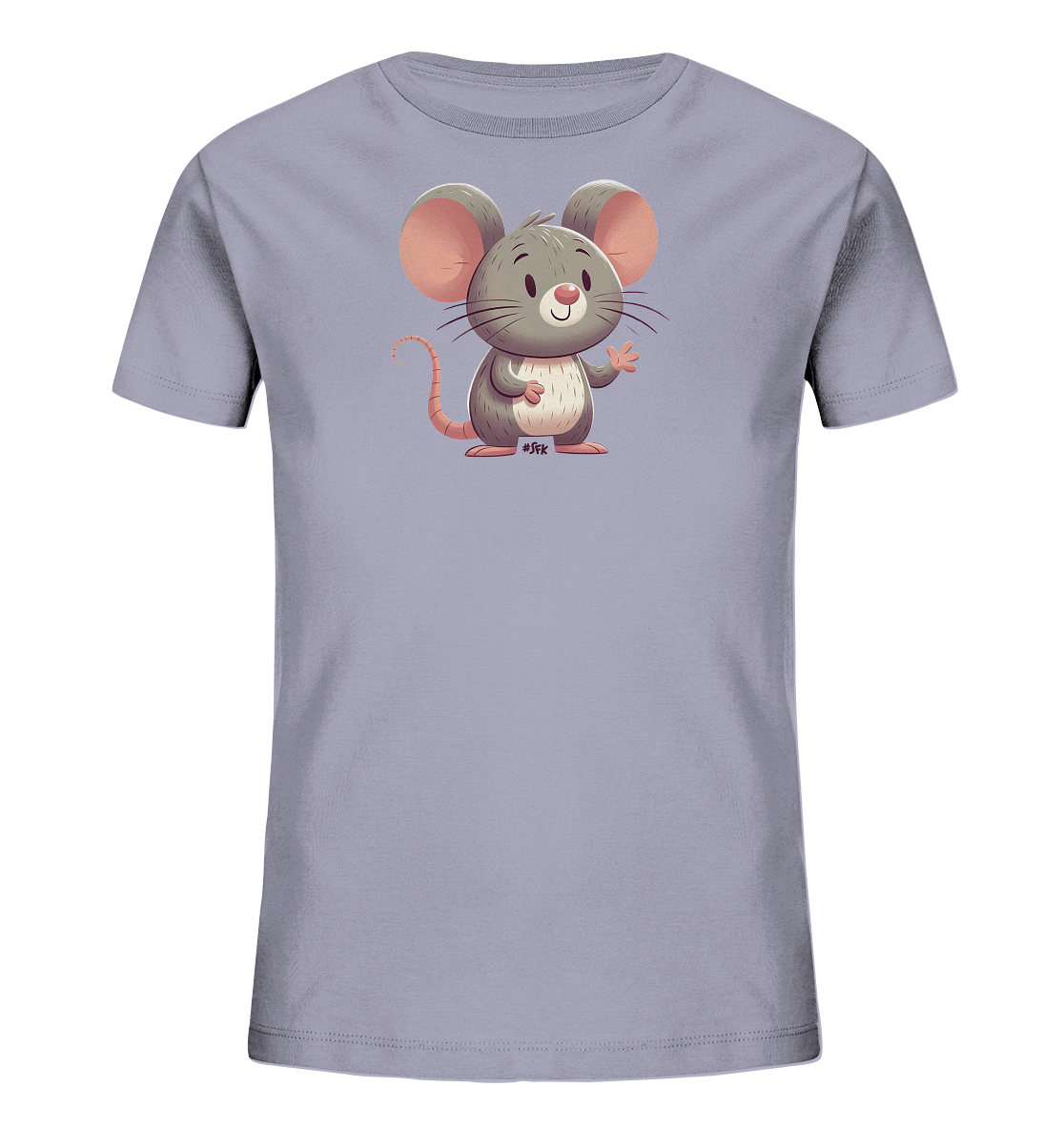 Onlineshop Shirts für Kinder - Das Bild zeigt ein Kinder-T-Shirt in einem hellen Grauton. Auf der Vorderseite ist eine niedliche, cartoonhafte Illustration einer Maus abgebildet. Die Maus ist grau mit rosa Details an Ohren, Nase und Schwanz und hat einen freundlichen Gesichtsausdruck. Sie steht aufrecht und winkt mit einer Pfote, was dem Motiv einen verspielten Charakter verleiht.