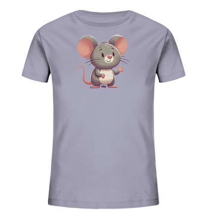Onlineshop Shirts für Kinder - Das Bild zeigt ein Kinder-T-Shirt in einem hellen Grauton. Auf der Vorderseite ist eine niedliche, cartoonhafte Illustration einer Maus abgebildet. Die Maus ist grau mit rosa Details an Ohren, Nase und Schwanz und hat einen freundlichen Gesichtsausdruck. Sie steht aufrecht und winkt mit einer Pfote, was dem Motiv einen verspielten Charakter verleiht.