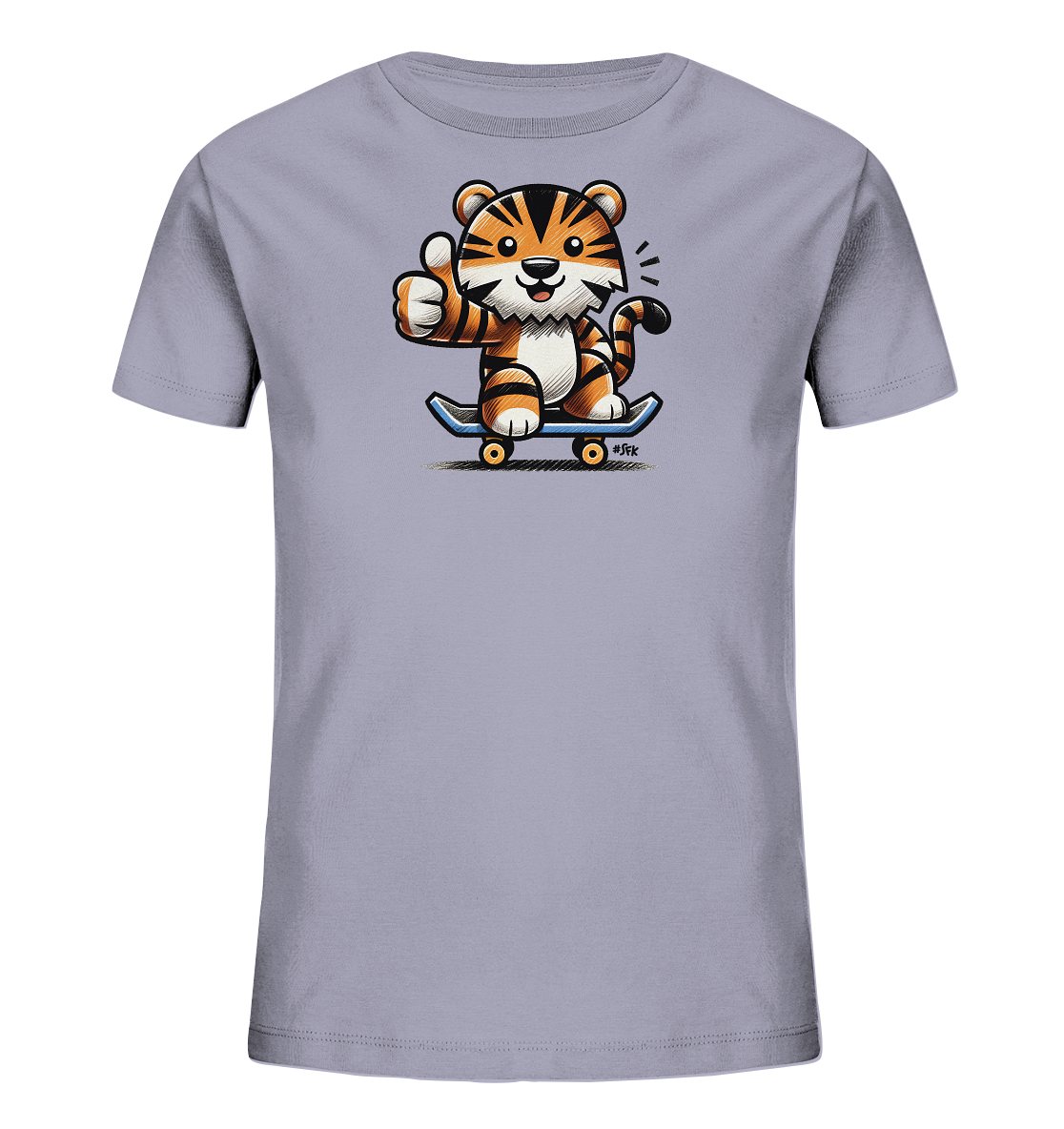Onlineshop Shirts fuer Kinder - Das Bild zeigt ein hellgraues T-Shirt fuer Kinder mit einem verspielten Motiv auf der Vorderseite. Darauf ist ein laechelndes Tigerbaby in einem lustigen Cartoon-Stil abgebildet. Der kleine Tiger sitzt auf einem Skateboard und gibt einen Daumen hoch. Das Design wirkt froehlich und dynamisch, perfekt fuer aktive Kinder.