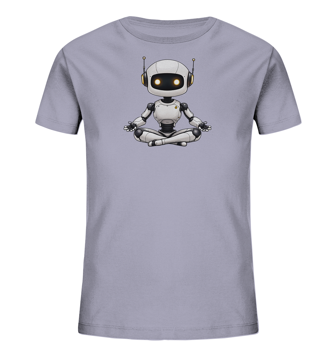 Onlineshop Shirts für Kinder - Das Bild zeigt ein schlichtes T-Shirt in einem hellen Grauton. Auf der Vorderseite ist eine Illustration eines kleinen Roboters zu sehen, der im Schneidersitz meditiert. Der Roboter ist in Weißtönen mit grauen Gelenken und kleinen goldenen Akzenten dargestellt, inklusive Antennen und leuchtender Augen. Die Darstellung ist detailliert und verleiht dem Shirt einen modernen und einzigartigen Charakter, der Ruhe und Technik verbindet.