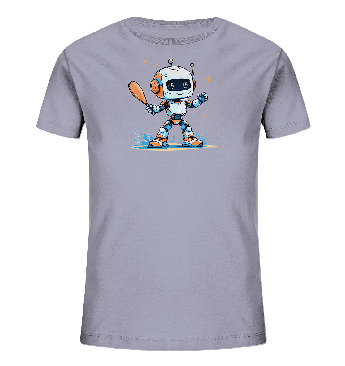 Onlineshop Shirts für Kinder - Das Bild zeigt ein Kinder-T-Shirt in einem sanften Lavendel- oder Flieder-Farbton. Auf der Vorderseite befindet sich eine farbenfrohe Illustration eines kleinen, freundlichen Roboters, der einen Baseballschläger hält. Der Roboter steht in einer dynamischen Pose, umgeben von Wasserspritzern und stilisierten Sternen im Hintergrund. Dieses Design verleiht dem Shirt einen verspielten, aktiven Charakter, der ideal für Kinder ist.