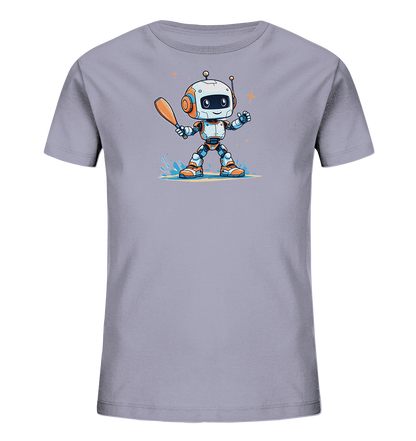 Onlineshop Shirts für Kinder - Das Bild zeigt ein Kinder-T-Shirt in einem sanften Lavendel- oder Flieder-Farbton. Auf der Vorderseite befindet sich eine farbenfrohe Illustration eines kleinen, freundlichen Roboters, der einen Baseballschläger hält. Der Roboter steht in einer dynamischen Pose, umgeben von Wasserspritzern und stilisierten Sternen im Hintergrund. Dieses Design verleiht dem Shirt einen verspielten, aktiven Charakter, der ideal für Kinder ist.