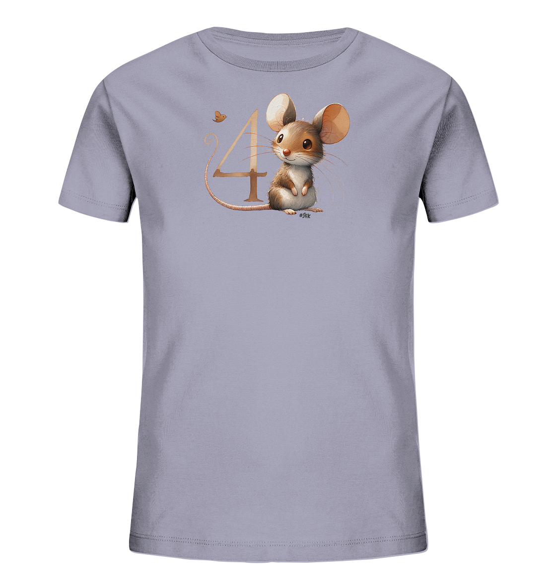 Onlineshop Shirts fuer Kinder - Das Bild zeigt ein Kinder-T-Shirt in einem sanften Violettton. Auf der Vorderseite ist eine niedliche Maus mit grossen Ohren abgebildet, die aufrecht sitzt. Neben der Maus befindet sich die Zahl '4', die in einem warmen Beigefarbton dargestellt ist. Eine zarte Schmetterlingsgrafik ergaenzt das verspielte Design.