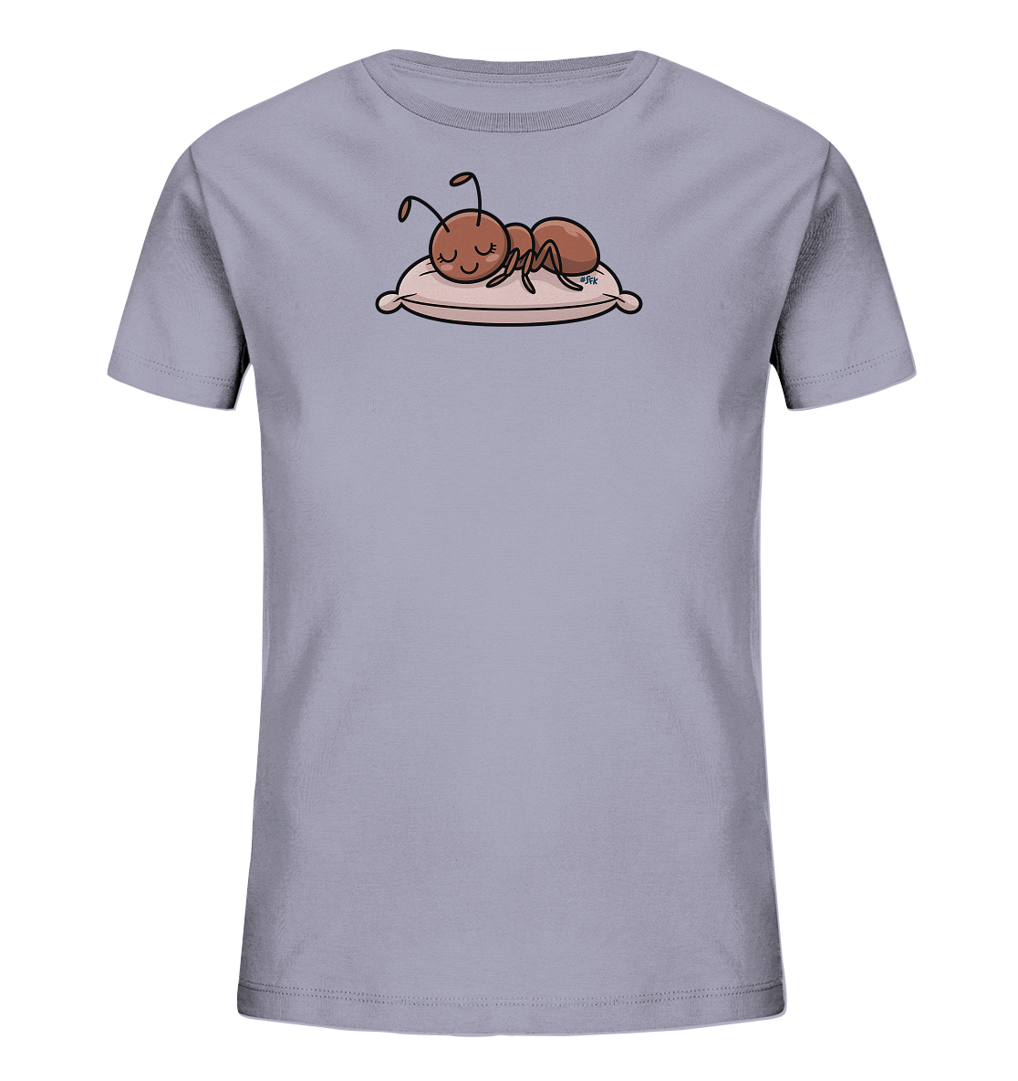 Onlineshop Shirts fuer Kinder - Das Bild zeigt ein hellgraues Kinder-T-Shirt. Auf der Vorderseite ist eine suesse, cartoonartige Ameise abgebildet, die friedlich auf einem beigefarbenen Kissen schlaeft. Die Ameise hat geschlossene Augen und ein sanftes Laecheln. Das Design wirkt ruhig und ansprechend fuer kleine Kinder.