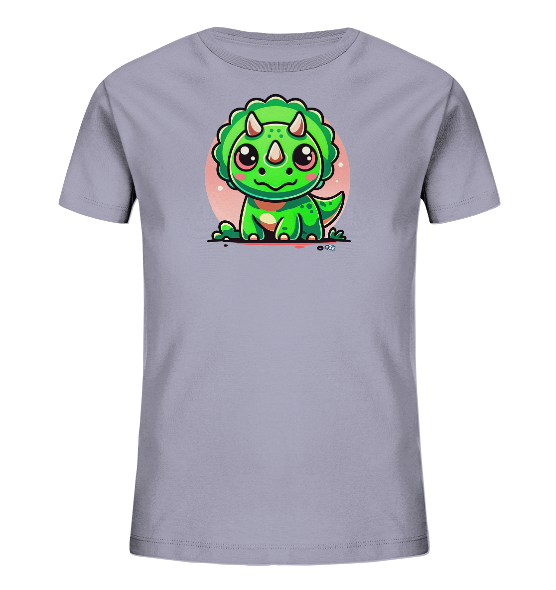 Onlineshop Shirts fuer Kinder - Das Bild zeigt ein hellgraues T-Shirt fuer Kinder. Auf der Vorderseite ist eine niedliche Illustration eines gruenen Baby-Triceratops abgebildet. Der kleine Dinosaurier sitzt laechelnd vor einem blassen rosa Kreis. Das Design ist im Cartoon-Stil gehalten und wirkt sehr freundlich.