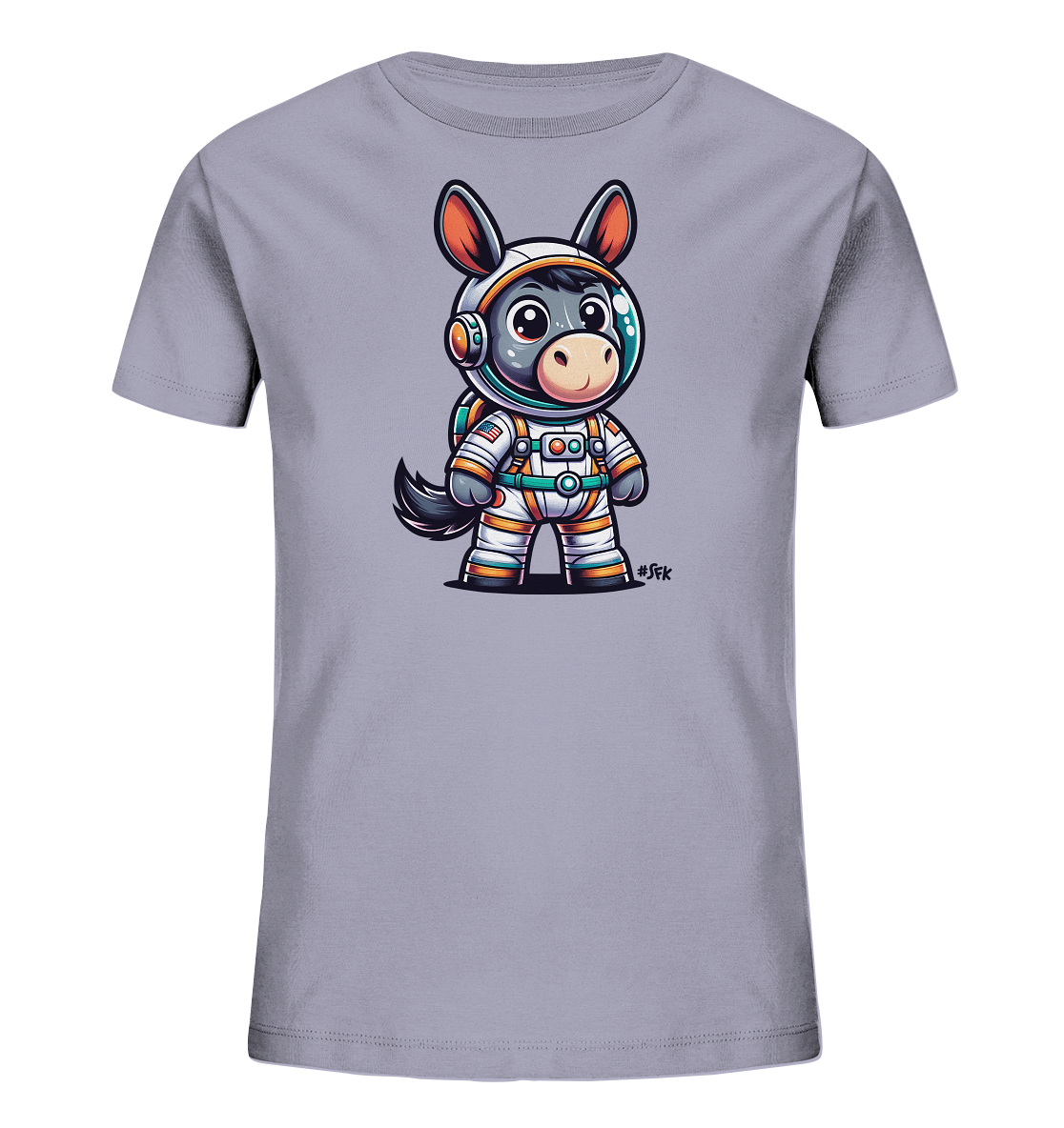 Onlineshop Shirts fuer Kinder - Das Bild zeigt ein graues Kinder-T-Shirt. Auf der Vorderseite ist ein niedlicher, cartoonhafter Esel abgebildet, der einen Astronautenanzug traegt. Der Anzug ist weiss mit orangen und tuerkisen Akzenten, und der Esel hat einen freundlichen Ausdruck sowie grosse Ohren unter dem Helm. Dieses farbenfrohe und detaillierte Motiv verleiht dem Shirt einen einzigartigen und abenteuerlichen Look.
