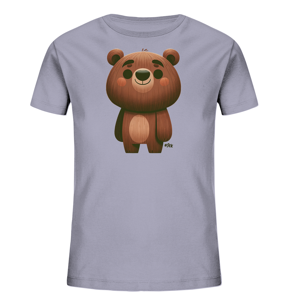 Onlineshop Shirts fuer Kinder - Das Bild zeigt ein Kinder-T-Shirt in einem hellen Lila- oder Grauton. Auf der Vorderseite ist eine detaillierte, cartoonhafte Illustration eines braunen Baeren abgebildet. Der Baer hat ein freundliches Gesicht mit grossen Augen und texturiertem Fell. Das Design ist zentral auf dem Shirt platziert und wirkt freundlich.